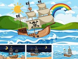 Set of Ocean with Pirate ship at different times scenes  in cartoon style vector