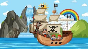 Beach with Pirate ship at daytime scene in cartoon style vector