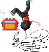 un niño bailando b-boy con símbolos de melodía musical aislado vector