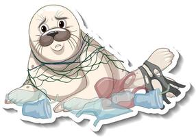 Seal stuck with plastic waste on white background vector