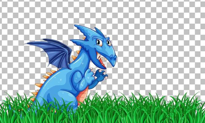 Dragon cartoon character on green grass on grid background