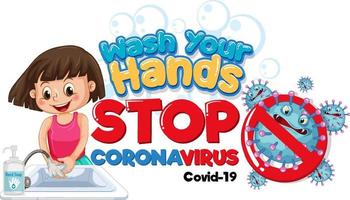 Lávese las manos, pare el banner de coronavirus con una niña lavándose las manos sobre fondo blanco. vector