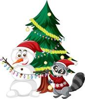 santa claus con muñeco de nieve y árbol de navidad vector