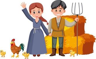 Couple medieval peasants with haystack vector