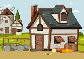 Medieval town scene with old barn vector