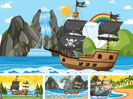 Set of Ocean with Pirate ship at different times scenes  in cartoon style vector