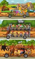 Set of different safari horizontal scenes with animals and kids cartoon character vector