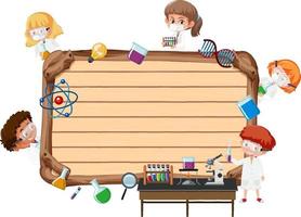 Tablero de madera vacía con personaje de dibujos animados de niños científico vector