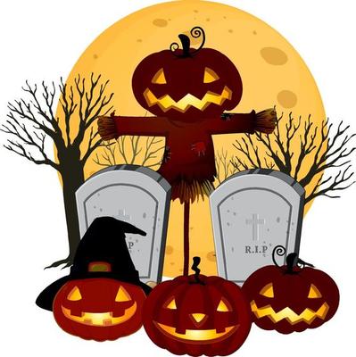 Jack-o'-lantern at graveyard on white background