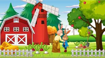 Farm scene at daytime with rabbit family vector