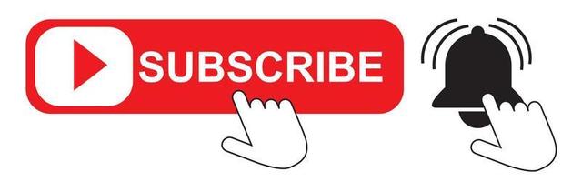 Red button subscribe of channel with hand cursor. Subscribe button in flat style. Label subscribe for video channel for website. vector