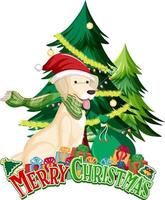 Merry Christmas font with Golden Retriever dog and Christmas tree vector