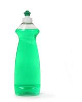 Jabón líquido para lavar platos verde en una botella aislada foto