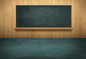 Table with wooden wall and blackboard background photo