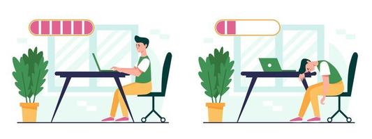 Set of happy and exhausted office worker with full and low battery charge indicator. Burnout concept with energetic and tired man and life energy indication. Flat vector illustration.