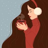 A girl in a warm sweater drinks cocoa tea coffee hot chocolate New year concept vector