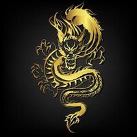 Dragón dorado, criatura serpiente grande usa pintura de trazo de pincel sobre fondo negro vector