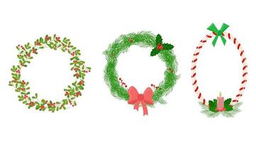 Christmas vignette set. Floral circle and oval decorations vector collection. Mistletoe twigs, fir tree branches, holly.