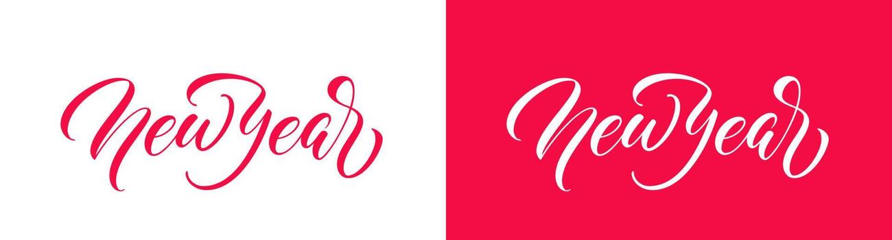 Vector holiday calligraphic text New Year isolated on red and white background. Ready hand lettering for use in your design.