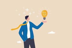 Positive thinking, optimistic mindset or good attitude to success in work, always get idea to solve any problems concept, happy businessman holding smiling lightbulb idea with positive vibes around. vector