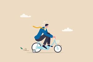 Practice, training or effort for career growth or business success, entrepreneur, amateur begin or start new business concept, newcomer businessman practice riding child bicycle with training wheels. vector