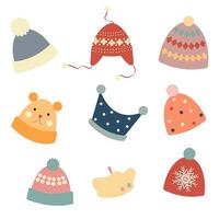 Colorful winter hats set on light background. Set of knitted hats for cold weather. Vector illustration in flat cartoon style.