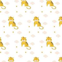 Vector seamless pattern with cute tiger with crown on the head. Flat vector illustration in cartoon style. Great design for any purpose.