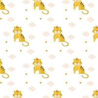 Vector seamless pattern with cute tiger with crown on the head. Flat vector illustration in cartoon style. Great design for any purpose.