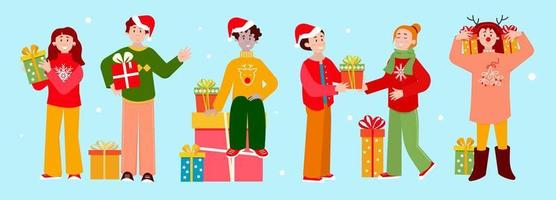 Group of young happy people holding Christmas gift boxes on white background. Friends wish each other merry christmas and give gifts. Vector illustration in flat cartoon style.