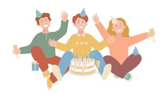 Group of happy people sitting and raising hands. Holiday celebration vector concept illustration on white background. Person with cake.