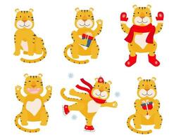 Vector set of Chinese tigers, symbol of the New 2022 year. Tigers in different positions and moods. Vector flat cartoon illustration on white background.