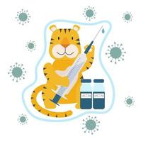 Smiling baby tiger with syringe is protected by vaccination. Children vaccination vector concept on white background. Flat cartoon style.