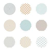 Set of colored isolated circles with different geometrical design dots, lines, curves. Geometrical vector design set in flat style on white background