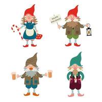 conjunto de pequeños gnomos. ilustración vectorial en estilo de dibujos animados. gnomos aislados sobre fondo blanco en estilo de dibujos animados plana. vector