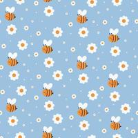 Seamless pattern with flying bee and flowers vector