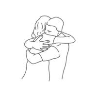 Hugs of a man and a woman, an outline drawing about feelings and support, two people embrancing