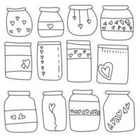 Set of doodle jars with hearts, cute containers with symbols of love and positive, outline containers for emotions vector