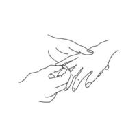 Puts ring on finger, contour hand in hand, symbolic gift or ceremony vector