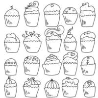 Set of doodle cupcakes with hearts decor, contour cupcake for Valentine's day, coloring page with sweet pastries vector