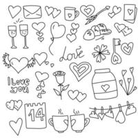 Set of doodles for Valentine's day, soap and simple attributes in outline style, coloring page vector