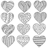 Set of doodle hearts with patterns, antistress coloring page with contour zen valentines for Valentine's day vector