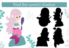 Mermaid and underwater world. Find the right shadow. Educational game. vector