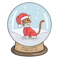 Christmas crystal ball with winter landscape, a tiger in New Year's costume. Vector illustration isolated white background in cartoon style.