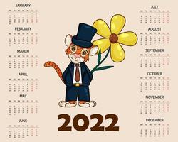 Calendar design template for 2022, the year of the tiger according to the Chinese or Eastern calendar, with an illustration of the tiger. Horizontal table with calendar for 2022. Vector