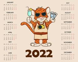 Calendar design template for 2022, the year of the tiger according to the Chinese or Eastern calendar, with an illustration of the tiger. Horizontal table with calendar for 2022. Vector