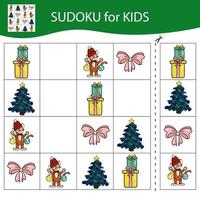 Sudoku game for kids with pictures. Merry Christmas and Happy New Year. The tiger is a symbol of the Chinese New Year with Christmas elements. Vector. vector