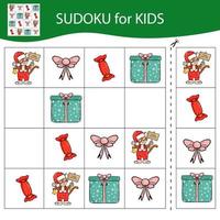 Sudoku game for kids with pictures. Merry Christmas and Happy New Year. The tiger is a symbol of the Chinese New Year with Christmas elements. Vector. vector