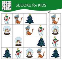 Sudoku game for kids with pictures. Merry Christmas and Happy New Year. The tiger is a symbol of the Chinese New Year with Christmas elements. Vector. vector