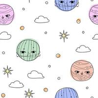 lindo patrón con planetas nubes estrellas en el espacio. papel blanco para scrapbooking doodle cosmos. vector