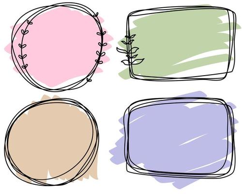 Abstract doodle black frames pastel set hand drawn. Cute round lines with leaves, circles, square, plant collection.